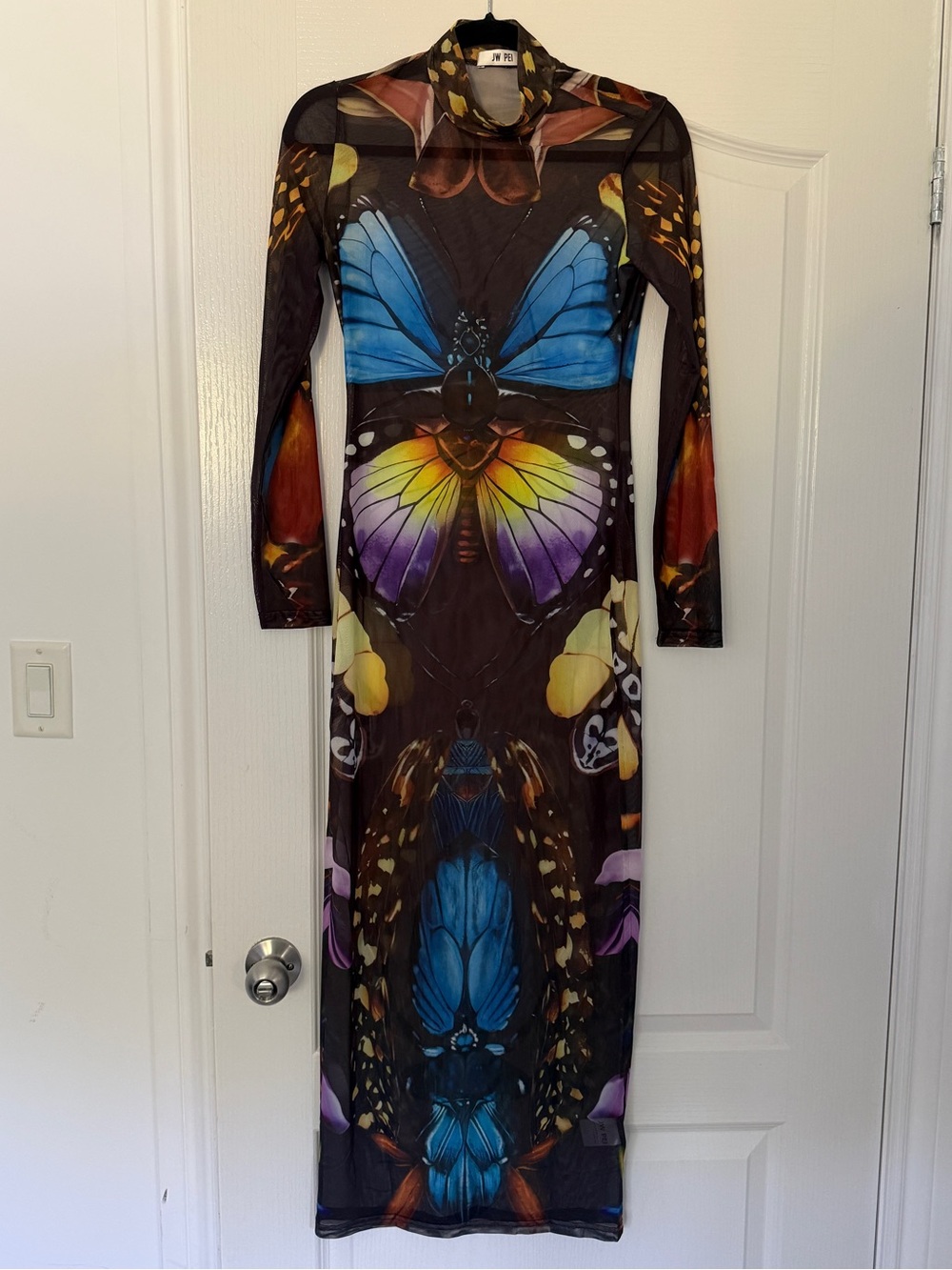 JW PEI Sheer Butterfly Maxi Dress - Black with Blue, Purple, Yellow, Orange